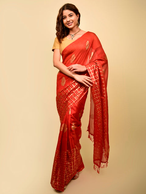 Soft cotton zari border printed saree  128-RED