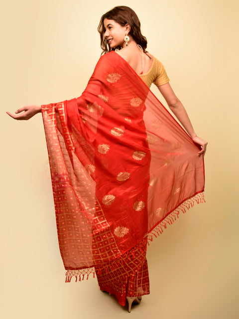 Soft cotton zari border printed saree  128-RED