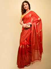 Soft cotton zari border printed saree  128-RED
