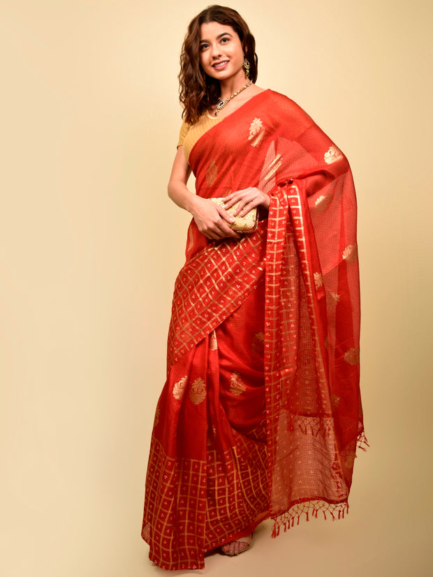 Soft cotton zari border printed saree  128-RED