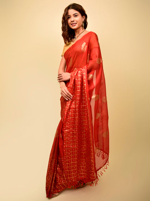 Soft cotton zari border printed saree  128-RED