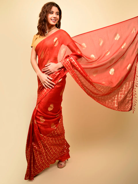 Soft cotton zari border printed saree  128-RED