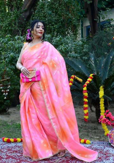 Pink-Orange Foil Printed Saree 110-PNK