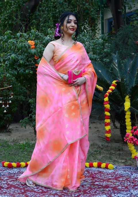 Pink-Orange Foil Printed Saree 110-PNK