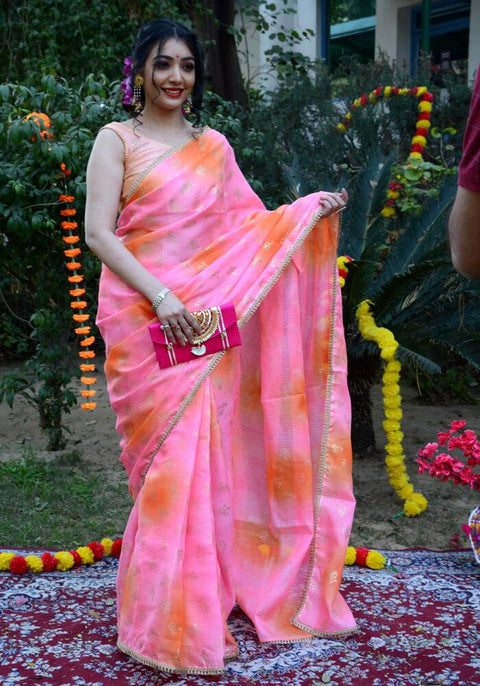 Pink-Orange Foil Printed Saree 110-PNK