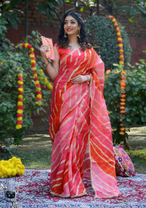 Indi Inside Peach Foil Printed Kota Doriya Saree 112-PCH